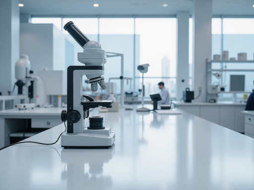 现代化实验室中科研人员正在操作制药研究设备，穿着白大褂，显微镜和化学试剂，明亮自然光线