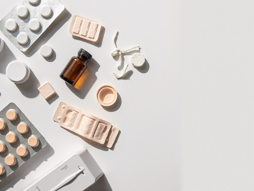 白色桌面上摆放的心血管药物药片和胶囊，包装精美，临床环境，干净整洁