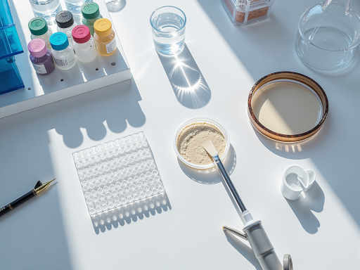 实验室试管中的免疫治疗药物，注射器和医疗器械摆放在洁净白色台面上，专业医疗环境