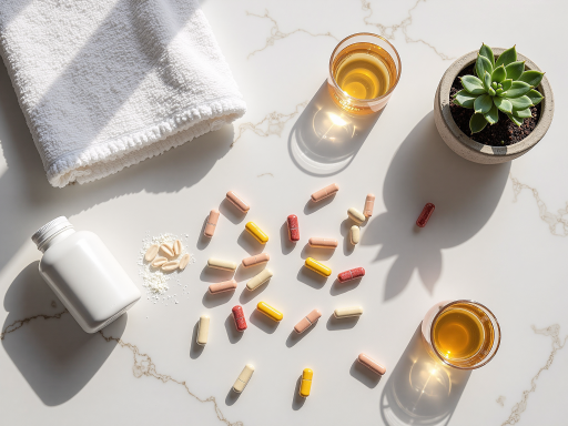 木质桌面上摆放的营养保健品瓶装和胶囊，自然光线照射，健康主题展示