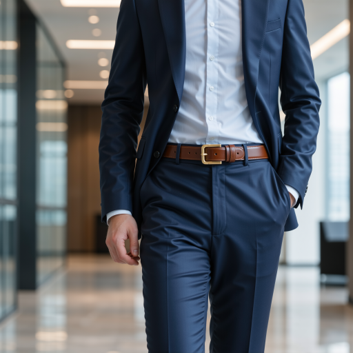 中年男性高管穿着深色西装，站在现代化办公室环境中，自信的姿态，专业照明