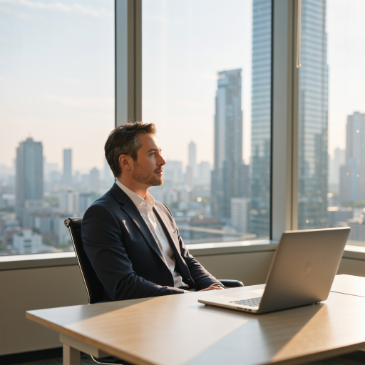 五十岁左右专业男性商务着装，坐在现代化办公桌前，专注的表情，专业背景