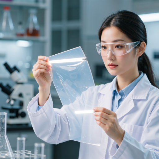 四十岁左右女性科学家穿着白色实验服，戴眼镜，站在实验室环境中，手持研究文件