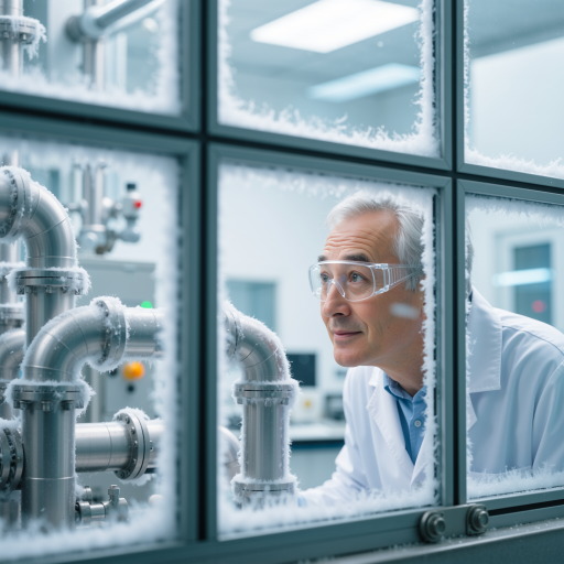 四十五岁左右男性工程师穿着实验室外套，站在先进生物技术设备旁，严肃专业表情